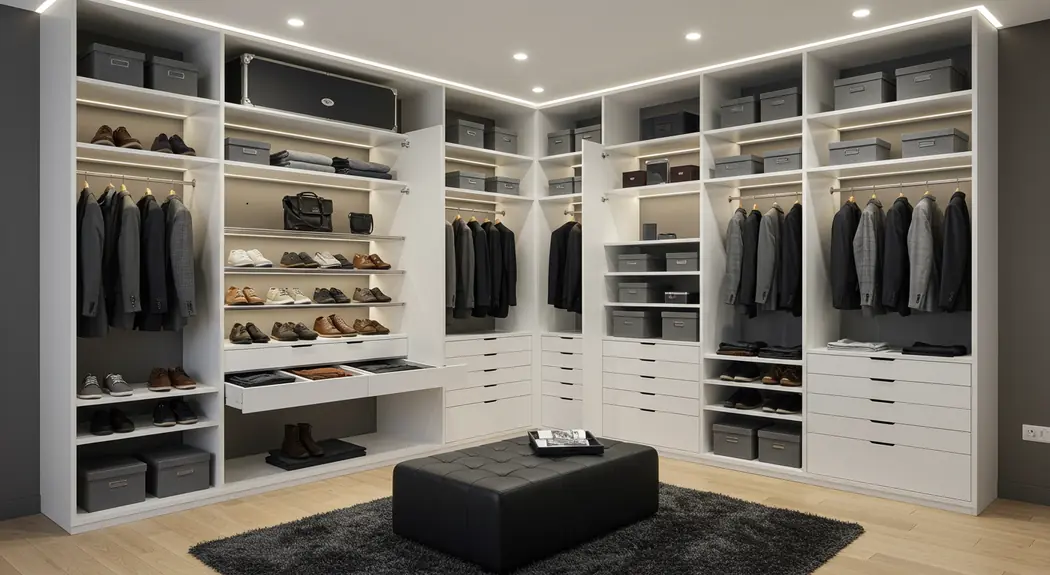 Closet branco planejado com iluminação embutida e pufe vermelho ao centro — Art Closet