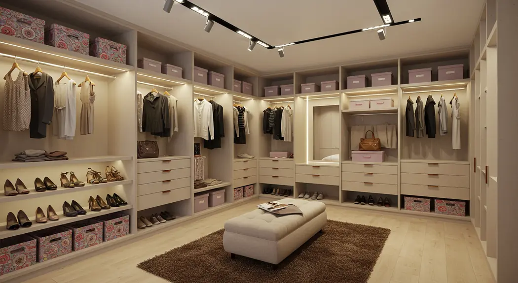 Closet em mdf Noce Mare da Duratex, com gavetas e iluminação moderna — Art Closet