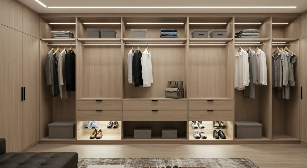 Closet aberto com acabamento em mdf da Carvalho Japandi — Art Closet