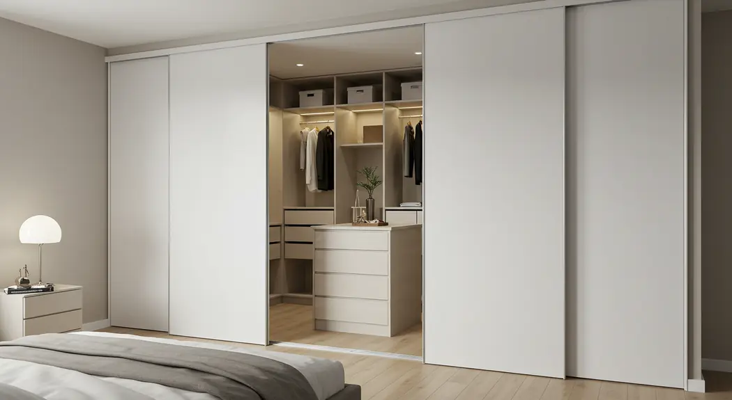 Closet branco com portas de correr totalmente fechadas — Art Closet
          title=