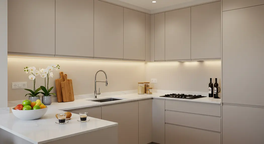Cozinha planejada com acabamento em MDF bege da Arauco — Art Closet