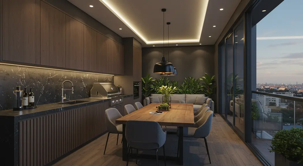 Cozinha varanda gourmet com acabamento em imbuia da Sudati — projeto Art Closet