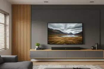 Home theater planejado grafite com painel ripado e rack sob medida - Art Closet
