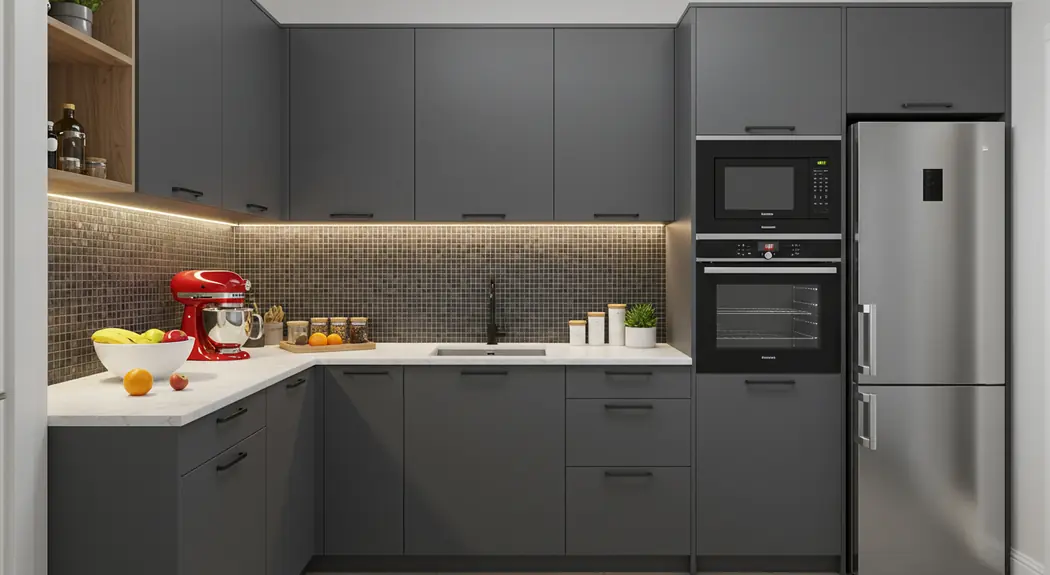Cozinha planejada com acabamento Cinza Cristal e armários superiores — Art Closet